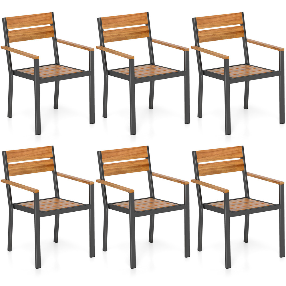 Outside Patio Dining Chair Set of 6 with Acacia Armrest – Sturdy Backyard Garden Furniture