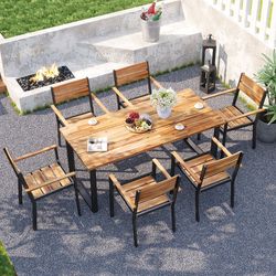 7-piece acacia wood patio dining set with metal frame & 2-inch umbrella hole – outdoor table & chairs for garden, deck,