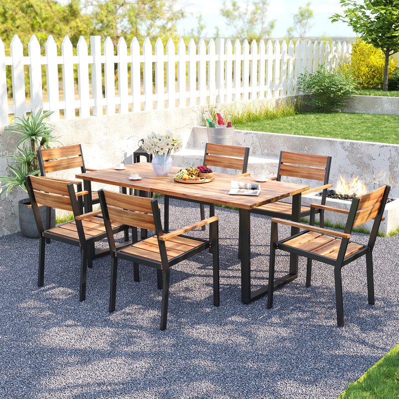7-Piece Acacia Wood Patio Dining Set with Metal Frame & 2-Inch Umbrella Hole – Outdoor Table & Chairs for Garden, Deck,