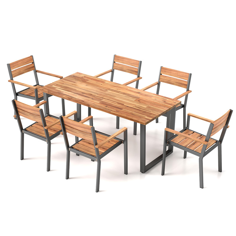 7-Piece Acacia Wood Patio Dining Set with Metal Frame & 2-Inch Umbrella Hole – Outdoor Table & Chairs for Garden, Deck,