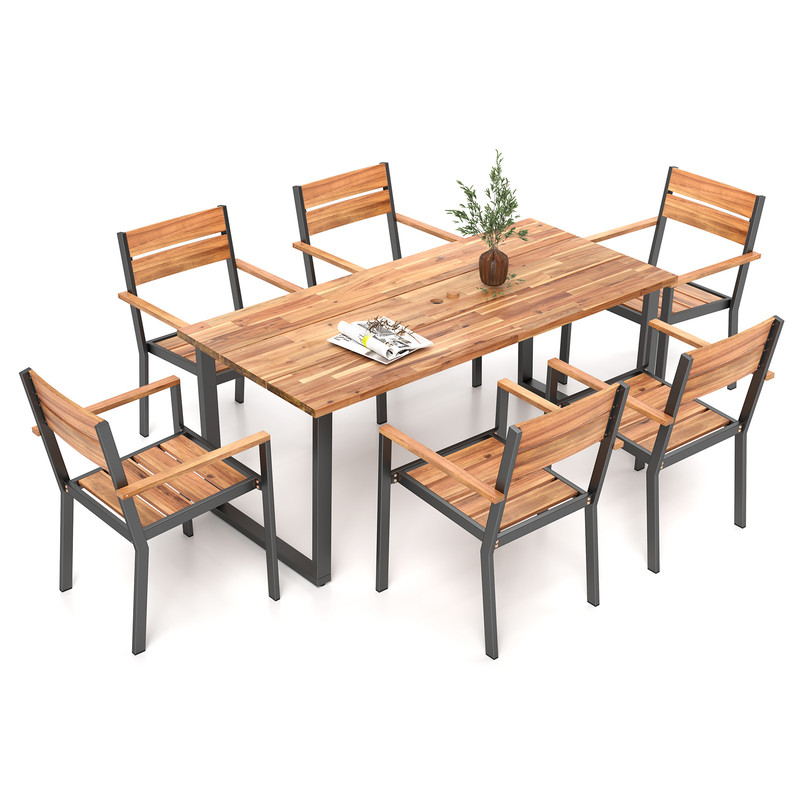 7-Piece Acacia Wood Patio Dining Set with Metal Frame & 2-Inch Umbrella Hole – Outdoor Table & Chairs for Garden, Deck,