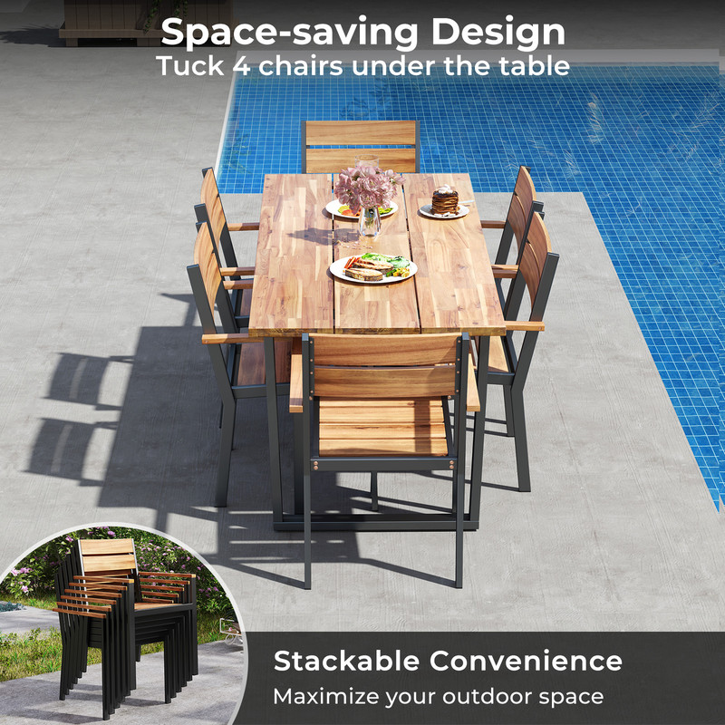 7-Piece Acacia Wood Patio Dining Set with Metal Frame & 2-Inch Umbrella Hole – Outdoor Table & Chairs for Garden, Deck,