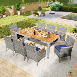 9-piece patio pe wicker dining set for deck, garden & yard, acacia wood tabletop & cushioned chairs
