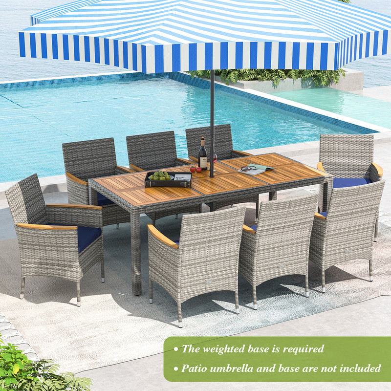 9-Piece Patio PE Wicker Dining Set for Deck, Garden & Yard, Acacia Wood Tabletop & Cushioned Chairs
