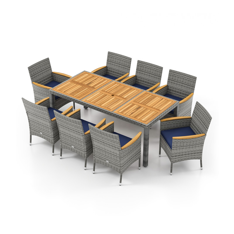 9-Piece Patio PE Wicker Dining Set for Deck, Garden & Yard, Acacia Wood Tabletop & Cushioned Chairs