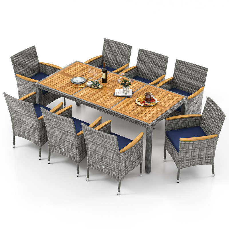 9-Piece Patio PE Wicker Dining Set for Deck, Garden & Yard, Acacia Wood Tabletop & Cushioned Chairs