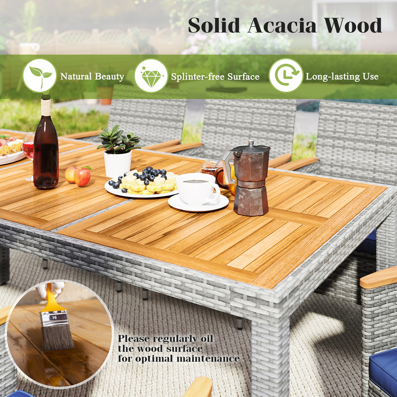 9-Piece Patio PE Wicker Dining Set for Deck, Garden & Yard, Acacia Wood Tabletop & Cushioned Chairs