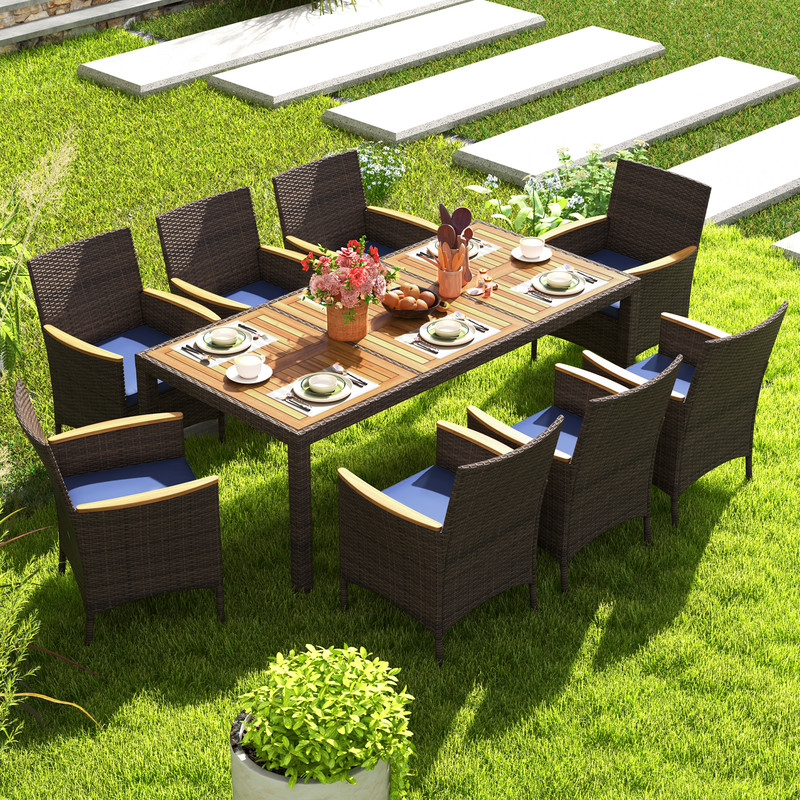 9-Piece Outdoor Dining Set with Acacia Wood Table Top, 8 PE Rattan Chairs & Sturdy Metal Frame