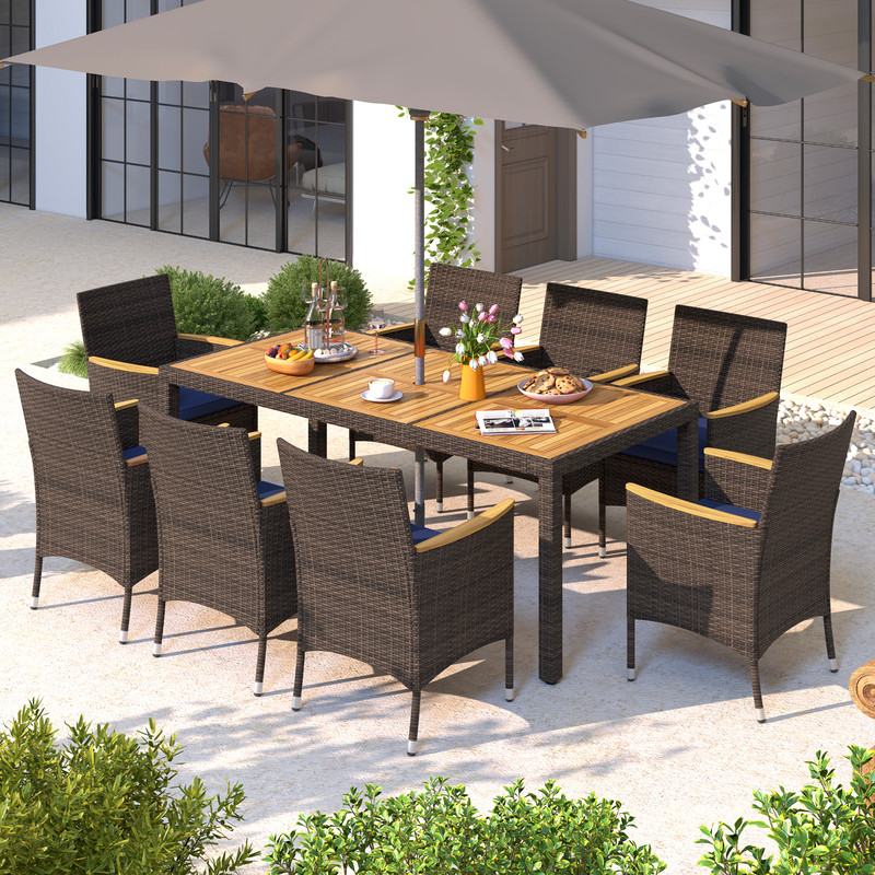 9-Piece Outdoor Dining Set with Acacia Wood Table Top, 8 PE Rattan Chairs & Sturdy Metal Frame