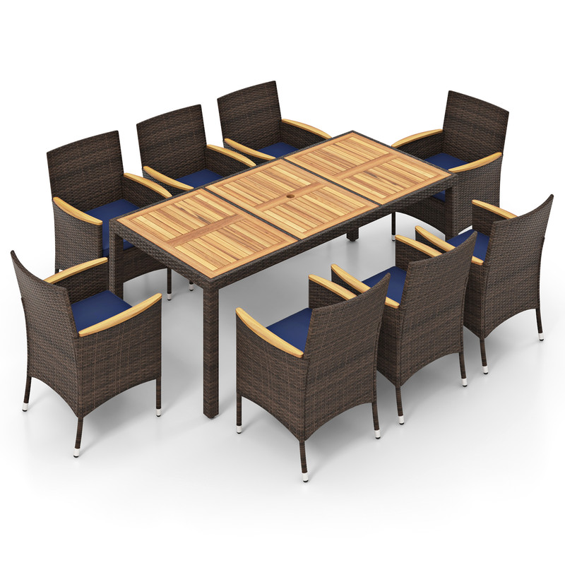 9-Piece Outdoor Dining Set with Acacia Wood Table Top, 8 PE Rattan Chairs & Sturdy Metal Frame