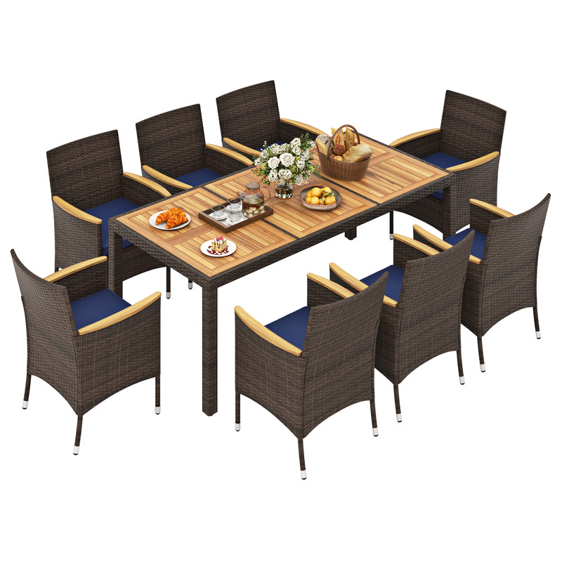 9-Piece Outdoor Dining Set with Acacia Wood Table Top, 8 PE Rattan Chairs & Sturdy Metal Frame