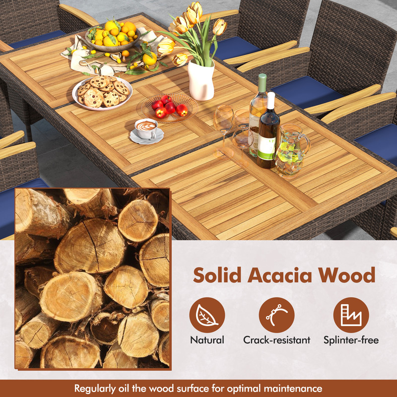 9-Piece Outdoor Dining Set with Acacia Wood Table Top, 8 PE Rattan Chairs & Sturdy Metal Frame