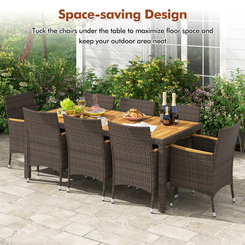 9-Piece Outdoor Dining Set with Acacia Wood Table Top, 8 PE Rattan Chairs & Sturdy Metal Frame