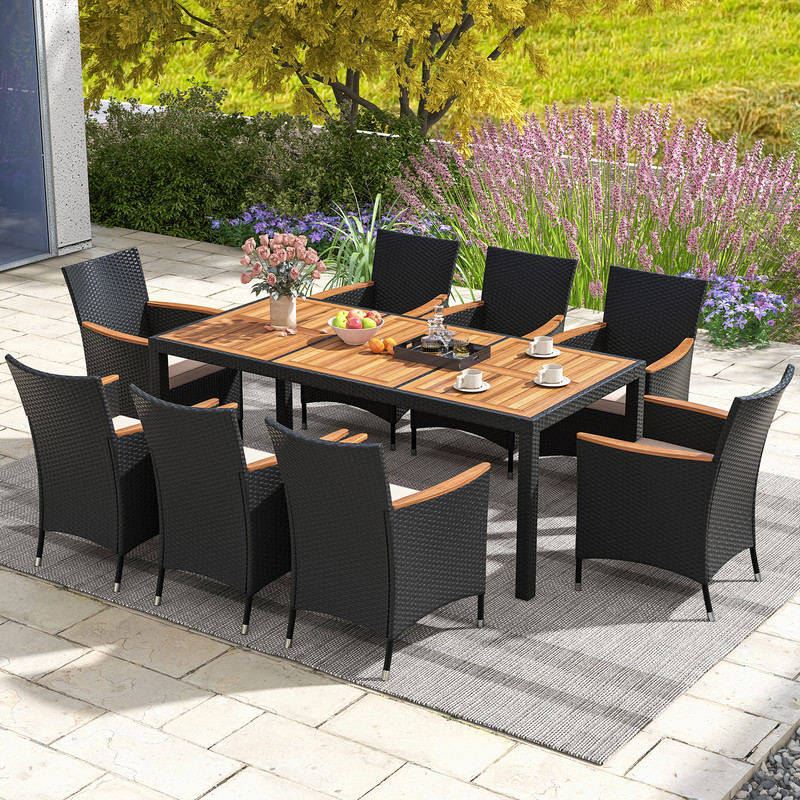 9-Piece Outdoor Dining Set with Acacia Wood Tabletop – Patio Garden Furniture for 6