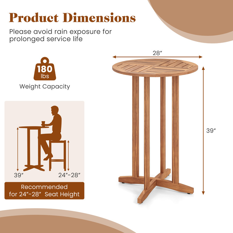 39 Inch Outdoor Acacia Wood Bar Table with Slatted Table Top – Durable & Stylish Patio Furniture