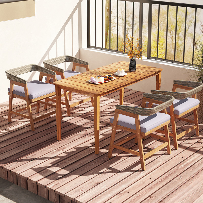 5-Piece Patio Dining Set – Solid Wood Acacia Frame with Rattan Backrest & Cushions for Outdoor Comfort