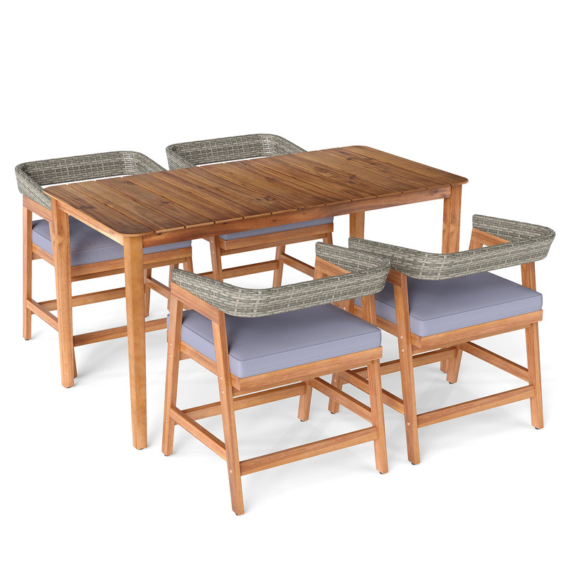 5-Piece Patio Dining Set – Solid Wood Acacia Frame with Rattan Backrest & Cushions for Outdoor Comfort