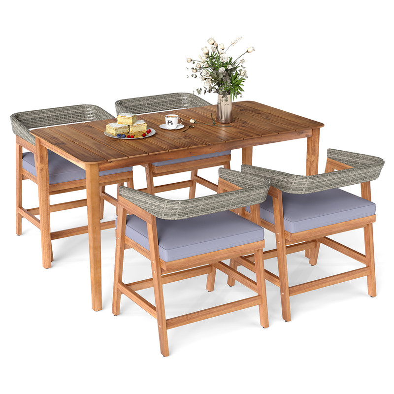 5-Piece Patio Dining Set – Solid Wood Acacia Frame with Rattan Backrest & Cushions for Outdoor Comfort