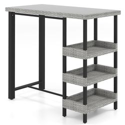 outdoor patio bar table, high top with tempered glass surface and 3 rattan storage shelves