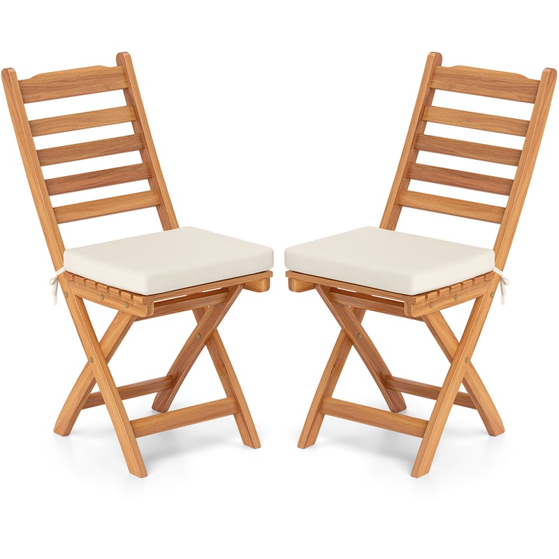 Set Of Patio Folding Chairs With Soft Cushions Acacia Wood Outdoor Lounge Chairs For Balcony Deck O 0
