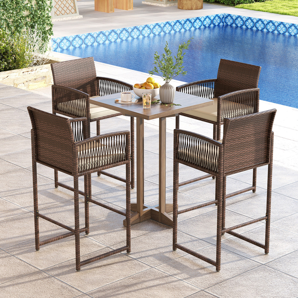 Set Of Outdoor PE Wicker Bar Height Chairs Comfortable Patio Bar Stools With Cushions For Garden Po 2
