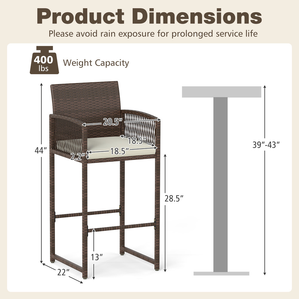 Set Of Outdoor PE Wicker Bar Height Chairs Comfortable Patio Bar Stools With Cushions For Garden Po 7