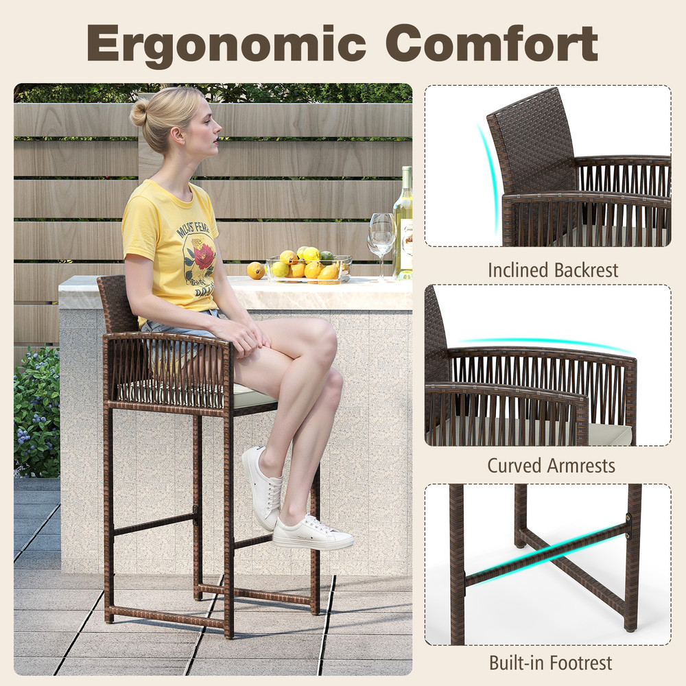 Set Of Outdoor PE Wicker Bar Height Chairs Comfortable Patio Bar Stools With Cushions For Garden Po 4