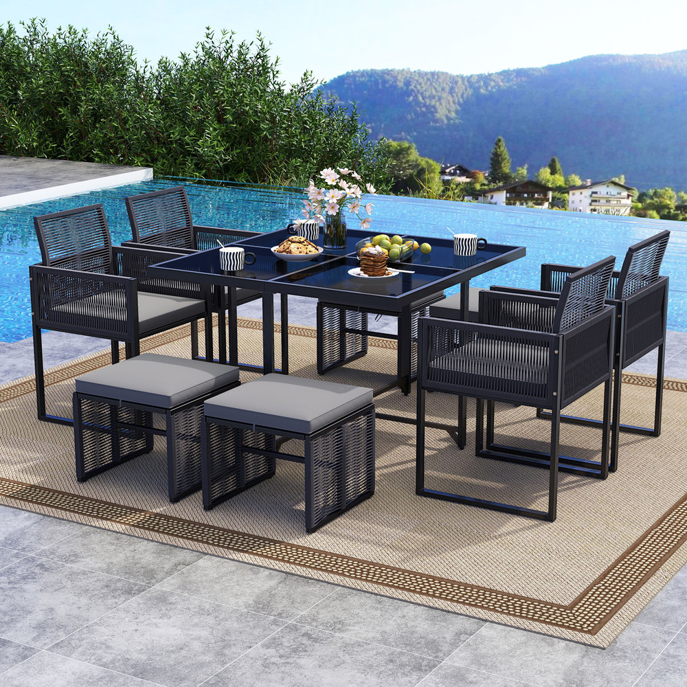 Outdoor Patio Dining Set With Cushions For Yard And Garden Foldable Chairs Ottomans PE Wicker Temp 1