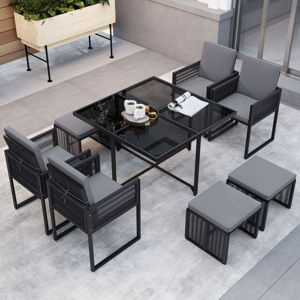 Outdoor Patio Dining Set With Cushions For Yard And Garden Foldable Chairs Ottomans PE Wicker Temp 2