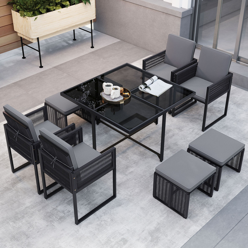 Outdoor Patio Dining Set With Cushions For Yard And Garden Foldable Chairs Ottomans PE Wicker Temp 2
