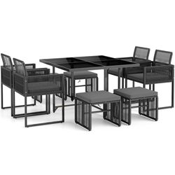 outdoor patio dining set with cushions for yard and garden, foldable chairs & ottomans, pe wicker, tempered glass