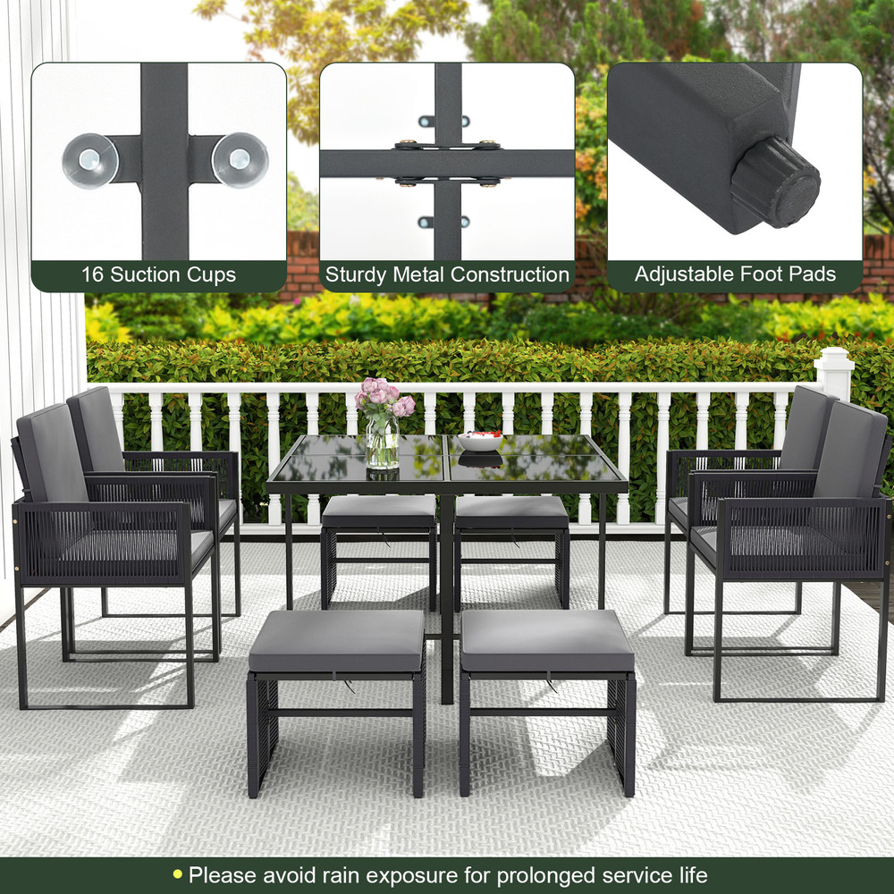 Outdoor Patio Dining Set With Cushions For Yard And Garden Foldable Chairs Ottomans PE Wicker Temp 5