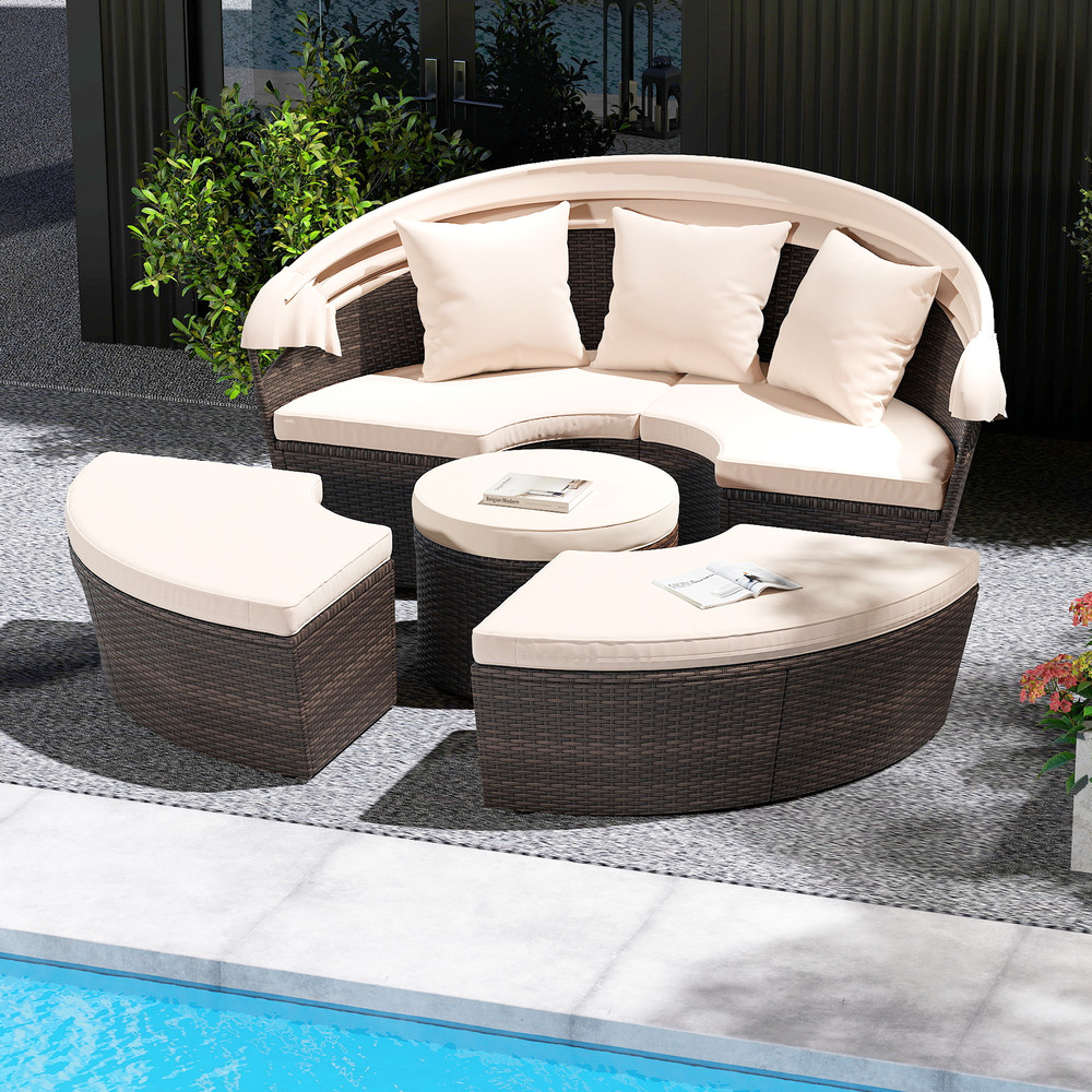 Luxurious Patio Round Daybed With Retractable Canopy Outdoor Sunbed Set With Cushions Pillows And V 1