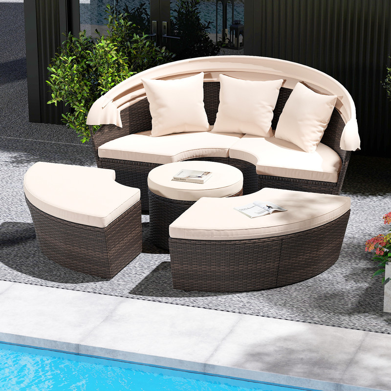 Luxurious Patio Round Daybed With Retractable Canopy Outdoor Sunbed Set With Cushions Pillows And V 1