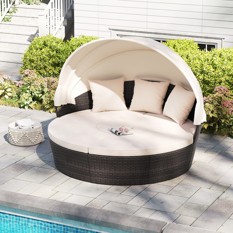Luxurious Patio Round Daybed With Retractable Canopy Outdoor Sunbed Set With Cushions Pillows And V 2