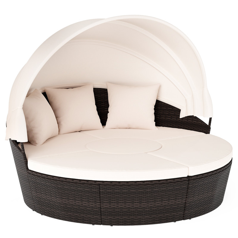Luxurious Patio Round Daybed With Retractable Canopy Outdoor Sunbed Set With Cushions Pillows And V 0