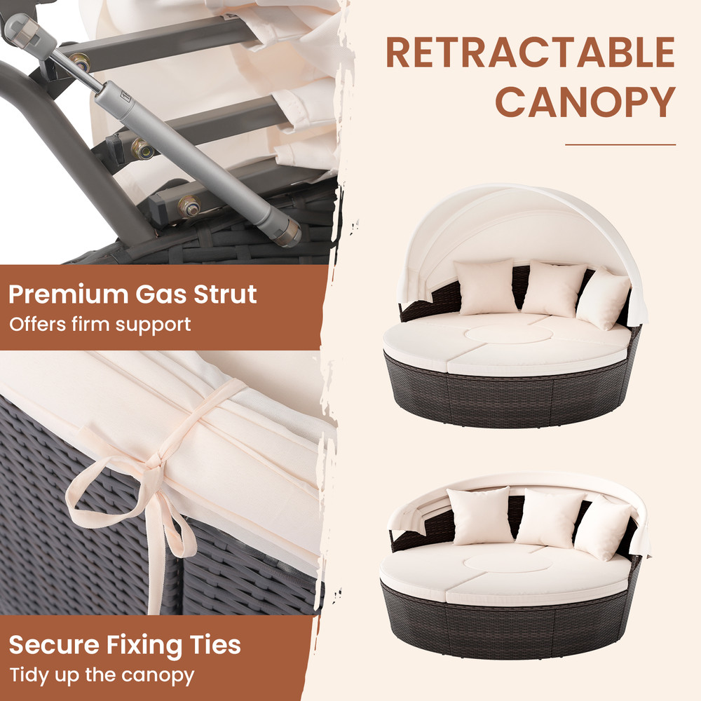 Luxurious Patio Round Daybed With Retractable Canopy Outdoor Sunbed Set With Cushions Pillows And V 6