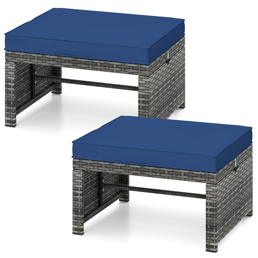 Outdoor Patio PE Rattan Ottomans With Soft Zippered Cushions For Deck Backyard Or Poolside Seating 0