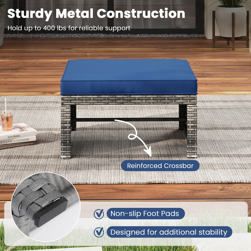 Outdoor Patio PE Rattan Ottomans With Soft Zippered Cushions For Deck Backyard Or Poolside Seating 5