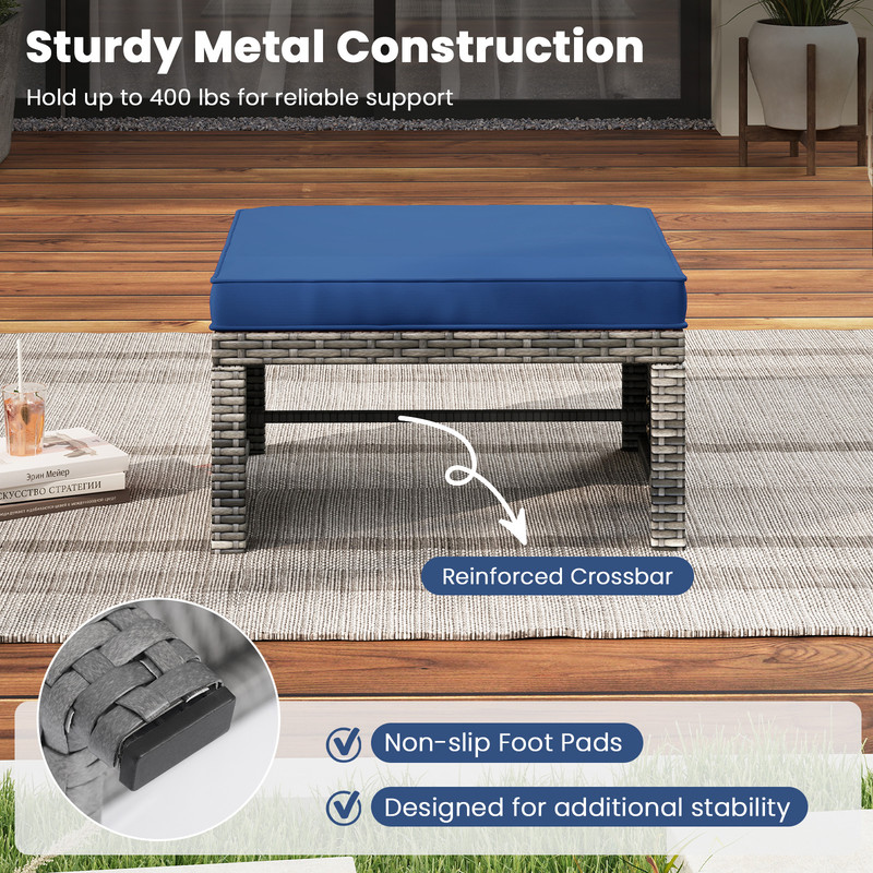 Outdoor Patio PE Rattan Ottomans With Soft Zippered Cushions For Deck Backyard Or Poolside Seating 5