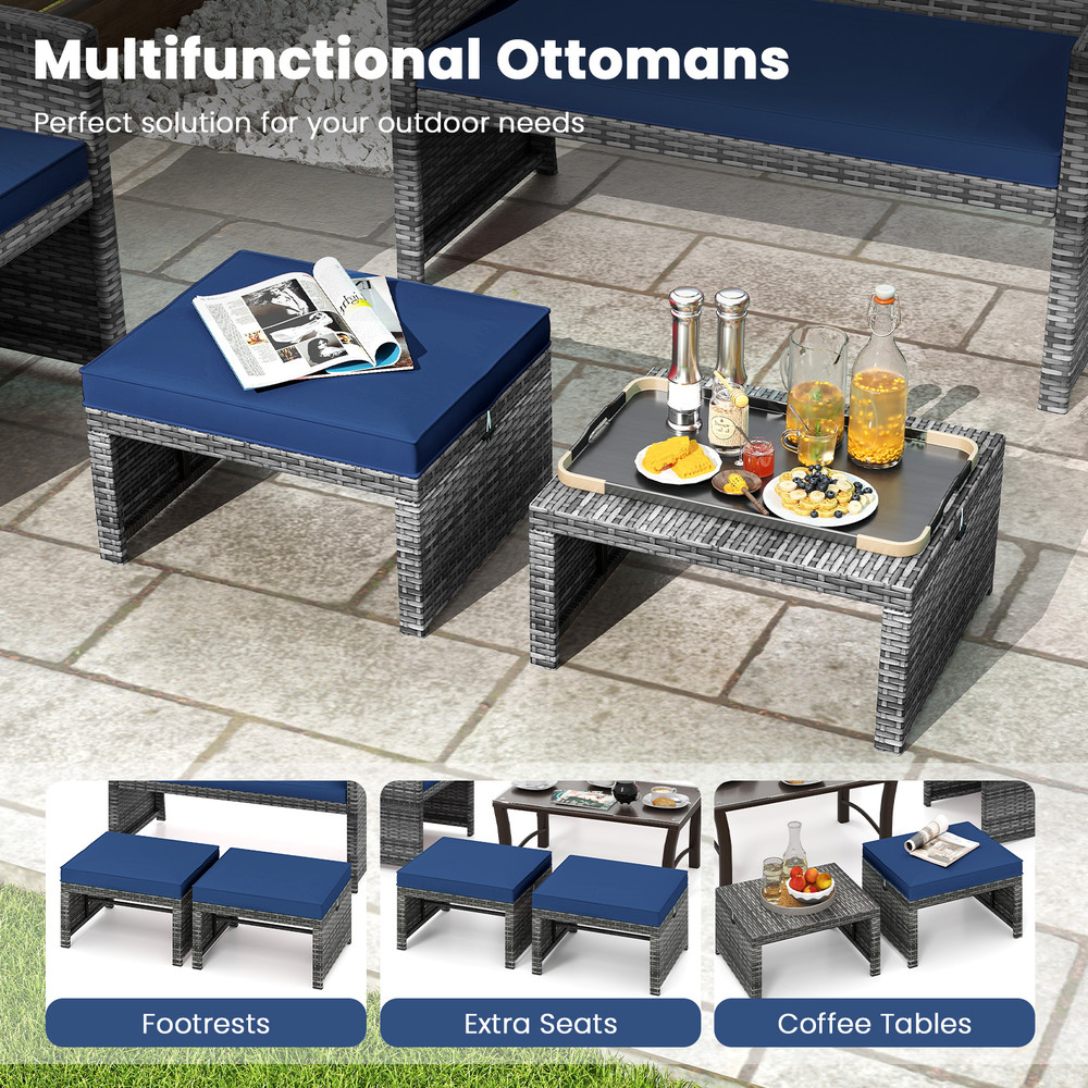 Outdoor Patio PE Rattan Ottomans With Soft Zippered Cushions For Deck Backyard Or Poolside Seating 6