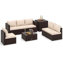 luxury patio furniture set with storage box and tempered glass coffee table, all-weather outdoor wicker sofa set