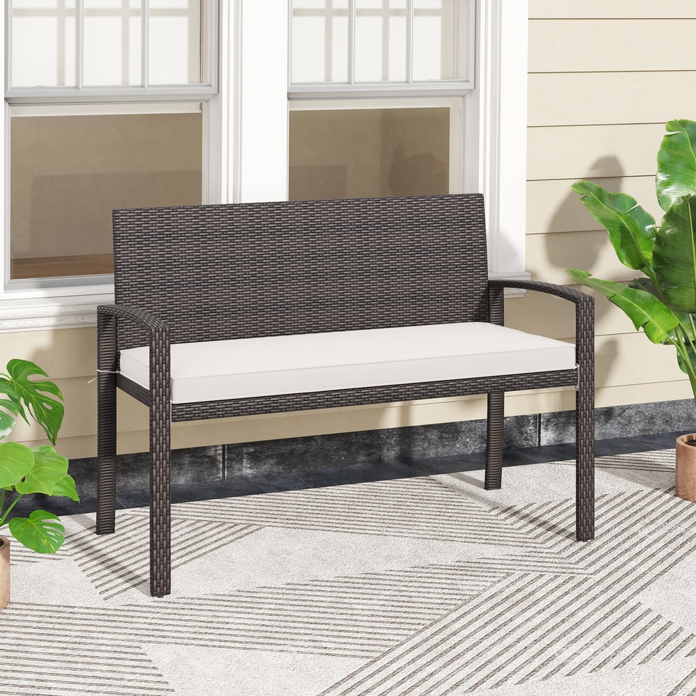 Outdoor Wicker Bench With Metal Frame And Cushioned Seat WeatherResistant Patio Loveseat For Backya 1
