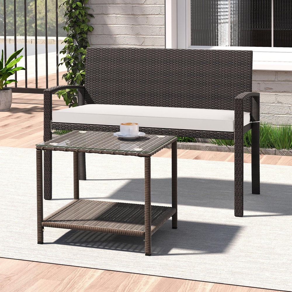 Outdoor Wicker Bench With Metal Frame And Cushioned Seat WeatherResistant Patio Loveseat For Backya 2