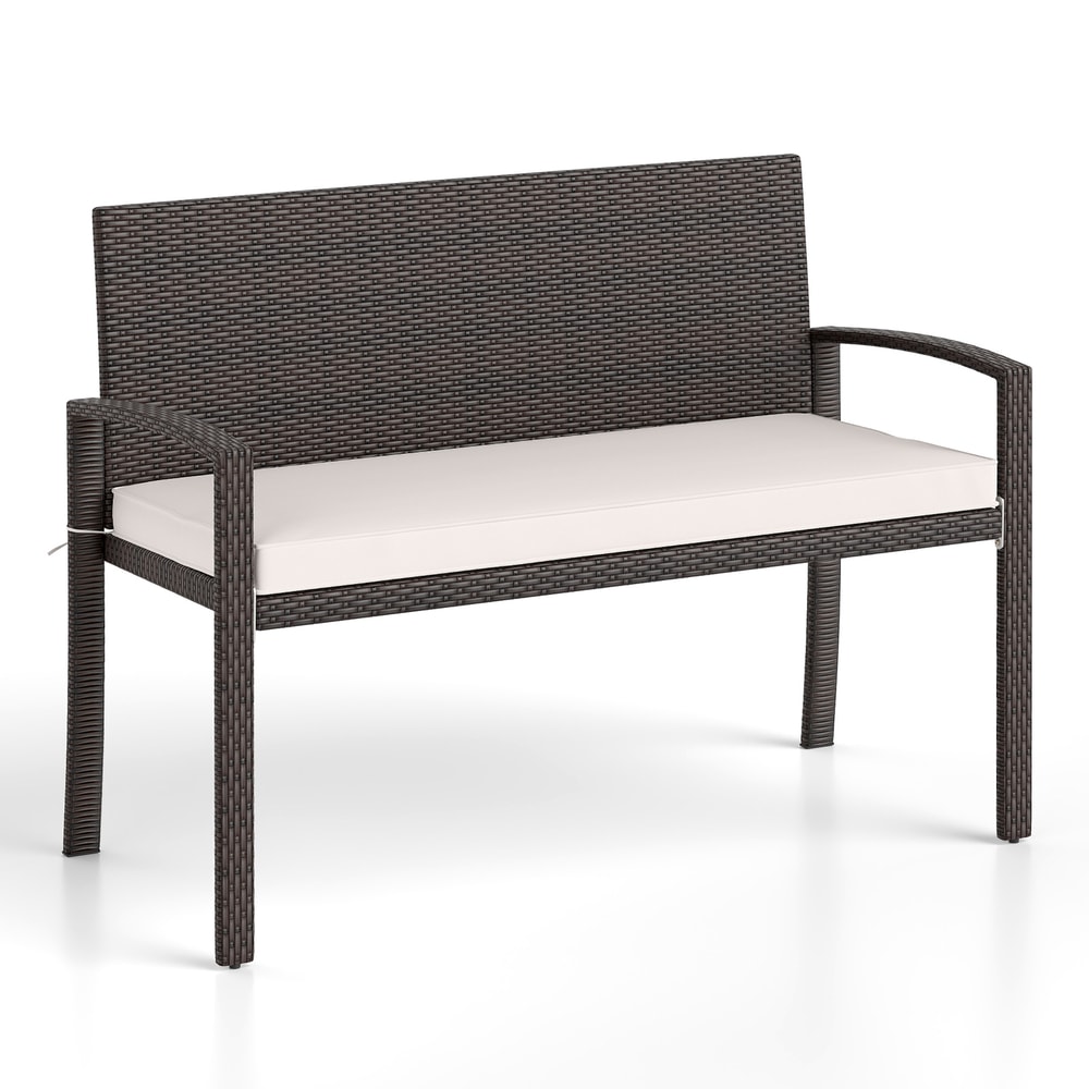 Outdoor Wicker Bench With Metal Frame And Cushioned Seat WeatherResistant Patio Loveseat For Backya 0