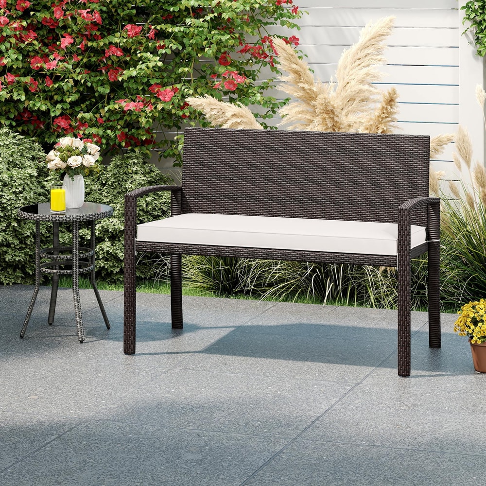 Outdoor Wicker Bench With Metal Frame And Cushioned Seat WeatherResistant Patio Loveseat For Backya 3