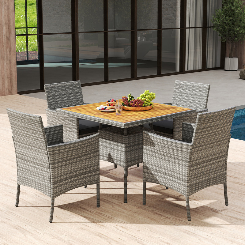 Outdoor PE Wicker Patio Dining Set Acacia Wood Table With Cushioned Chairs Ideal For Backyard Balco 1