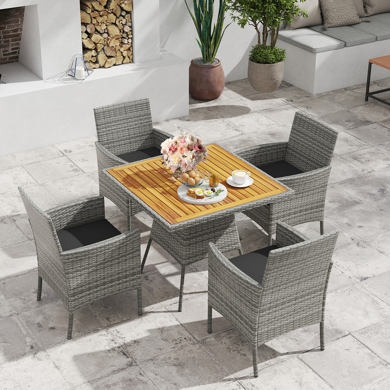 Outdoor PE Wicker Patio Dining Set Acacia Wood Table With Cushioned Chairs Ideal For Backyard Balco 2