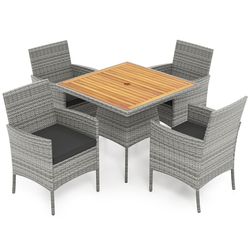 outdoor pe wicker patio dining set, acacia wood table with cushioned chairs, ideal for backyard, balcony & garden