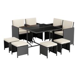 modern patio dining set with tempered glass table and cushioned ottomans, space-saving outdoor furniture for backyard